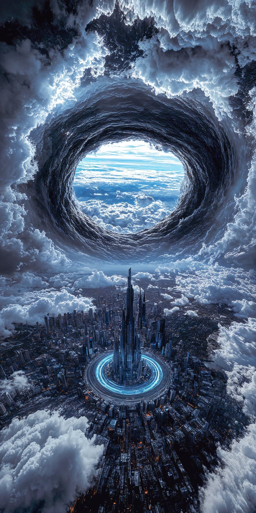 Giant Vortex Breaking Through Storm Clouds Over City